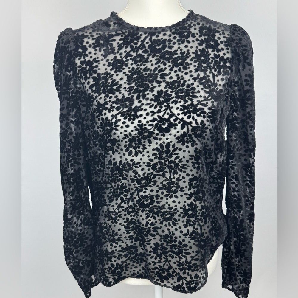 Veronica Beard Reverie Top Black Velvet Burnout Sheer Floral Long Sleeves Size 4